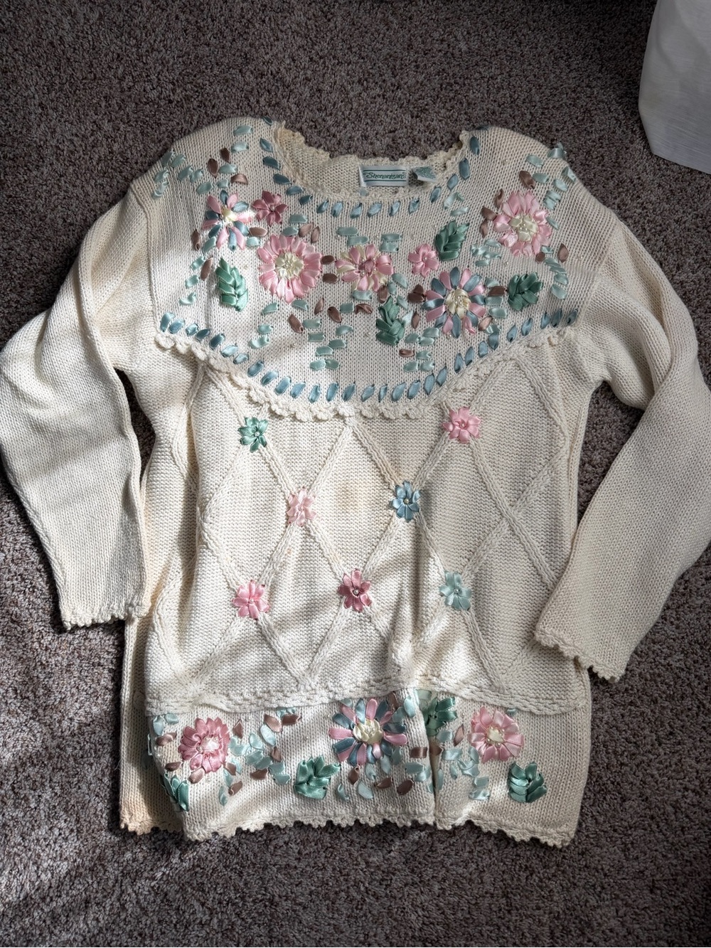 Cream Crewneck Sweater with Pink & Green Satin Floral Embroidery